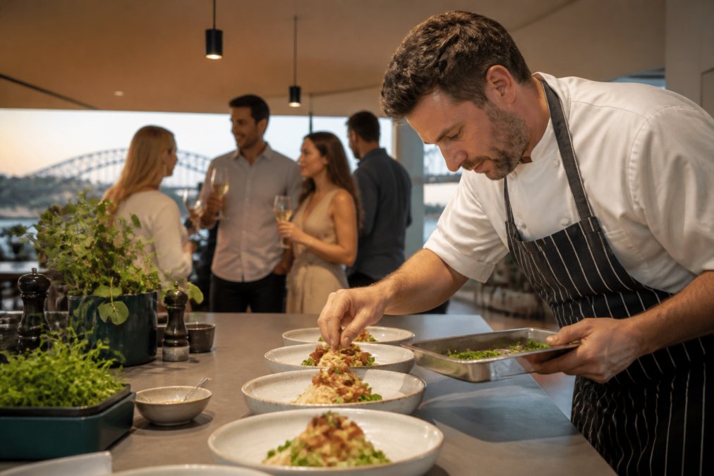 A private chef plating a fresh pasta dish at a kitchen bench while guests chat in the background of a warmly lit Sydney home
