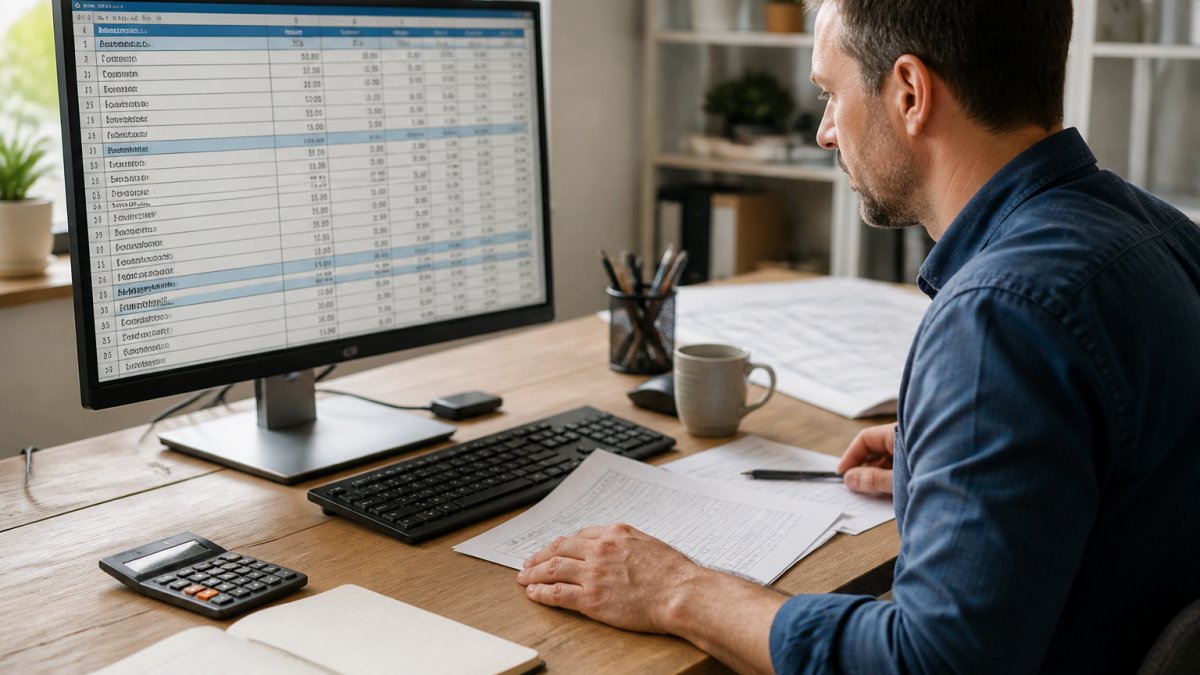 Professional reviewing a cost estimation custom home budget on a computer monitor in an office