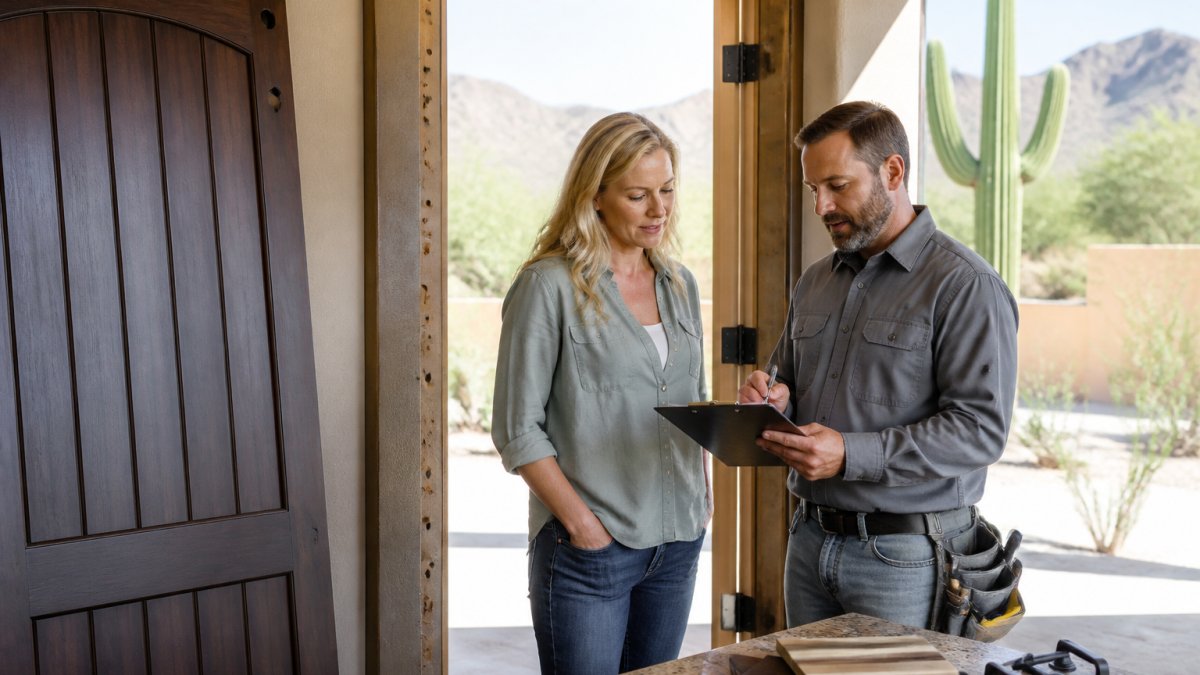 A contractor and homeowner standing in an open doorway of a desert-style home, reviewing a door quote on a clipboard, with the unfinished door frame visible behind them