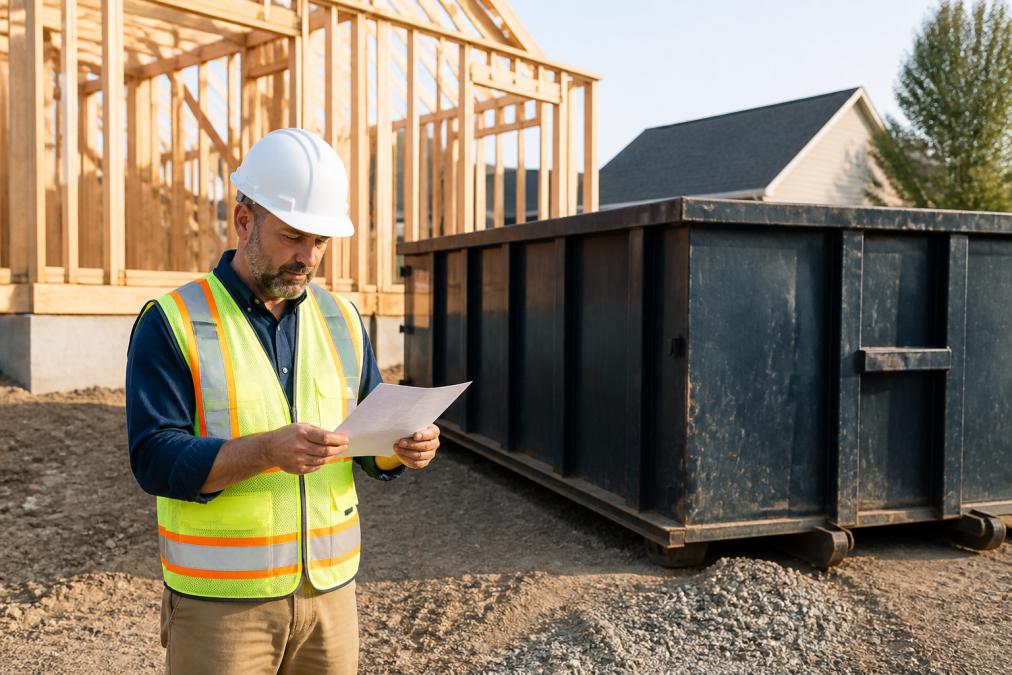 Construction manager reviewing an invoice next to a roll-off dumpster for long term dumpster rentals at a job site
