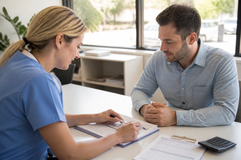 Patient and medical administrator reviewing detailed financing paperwork and payment plan options at modern office desk, with payment plan documents and calculator visible, natural daylight from window