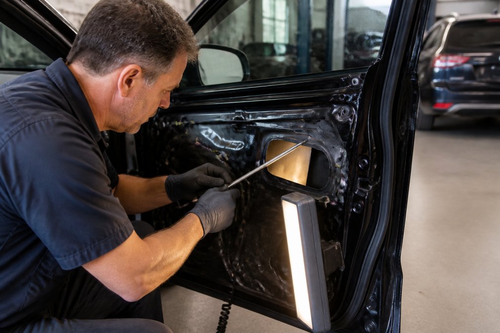 PDR technician using specialized metal rods and reflective lights to carefully manipulate a dent from the inside of a vehicle door panel in a professional repair facility