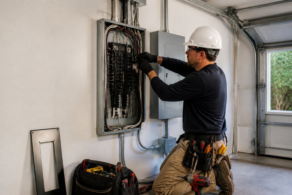 Electrician in safety gear installing a new 200 amp panel in a residential garage setting