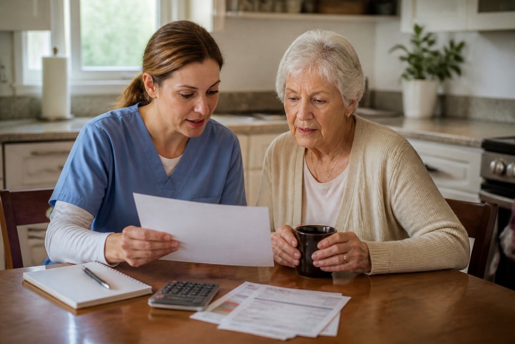 A professional female caregiver in scrubs sitting beside an elderly woman at a kitchen table, reviewing a care plan document together in a warm, sunlit home setting