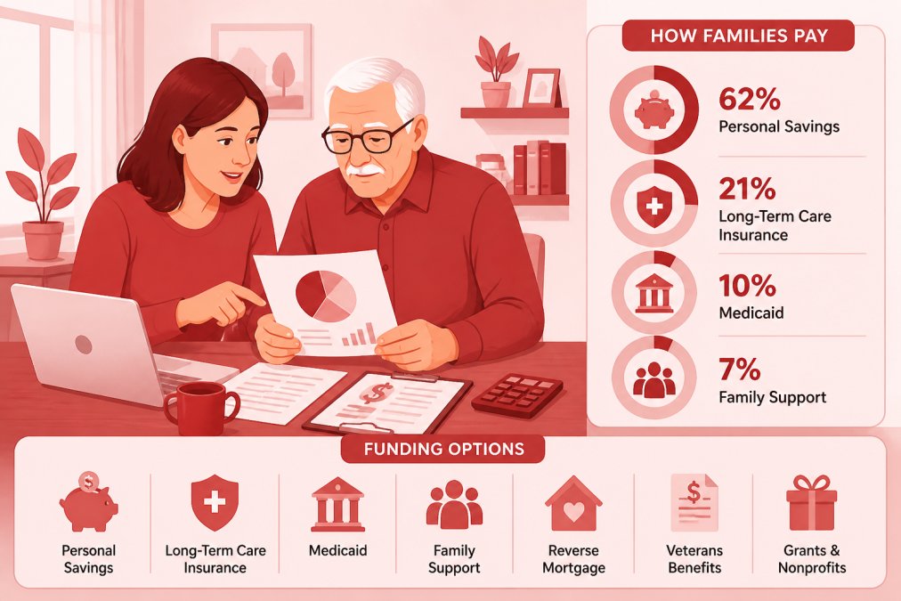 An adult daughter and her elderly father sitting together at a dining table with paperwork and a laptop open, discussing financial planning documents in a comfortable home environment