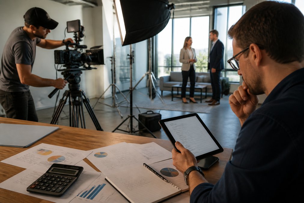 A professional film crew setting up a cinema camera and softbox lights on a polished corporate office set, with a director reviewing a shot list on a tablet