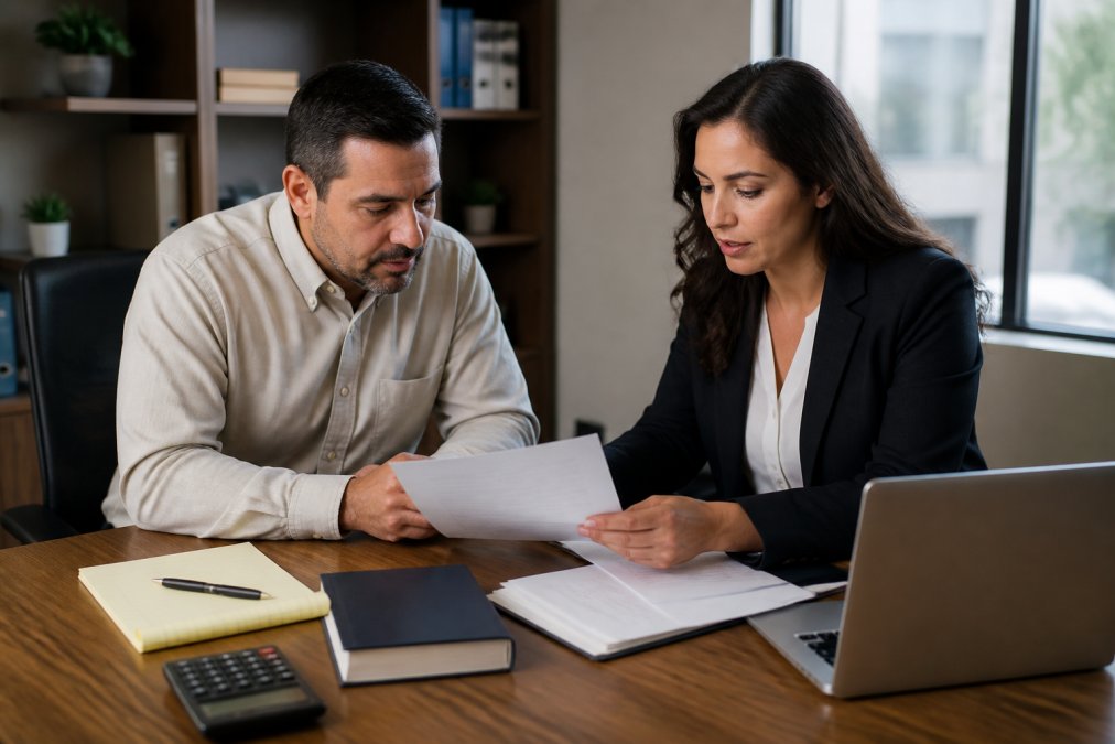 A small business owner and a lawyer reviewing a contract document across a desk in a modest office, with a laptop and legal pad visible, natural lighting