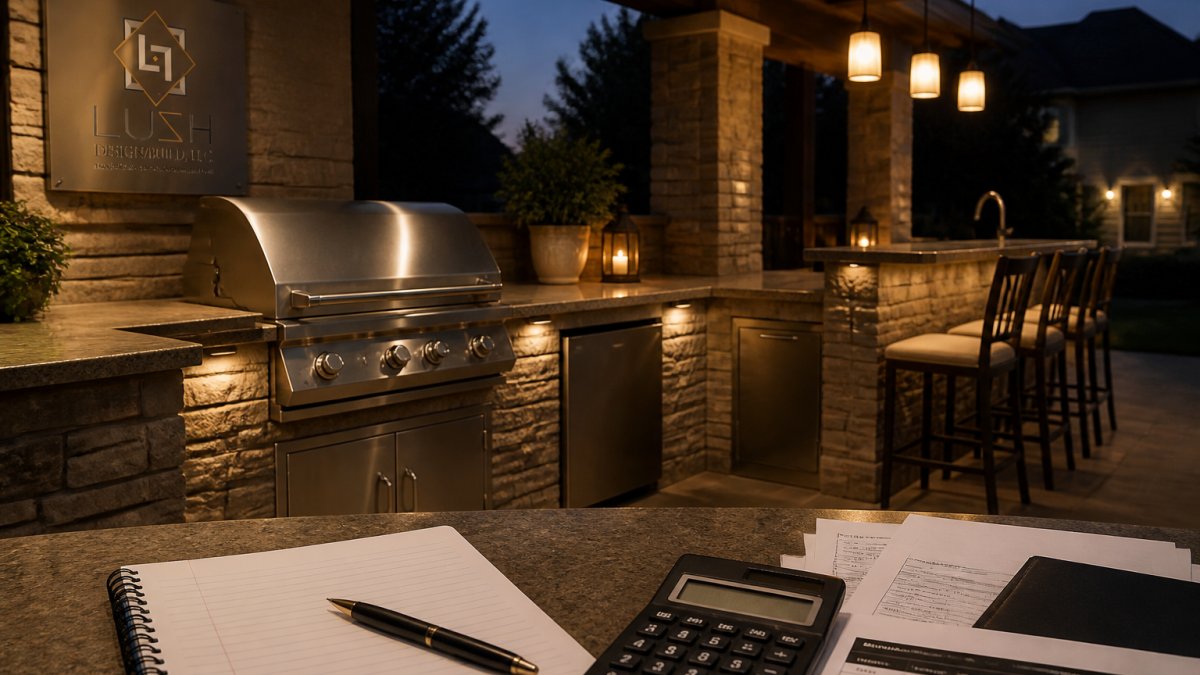 A finished luxury outdoor kitchen at dusk with a built-in stainless steel grill, natural stone island, stone veneer surround, and warm pendant lighting over a bar seating area