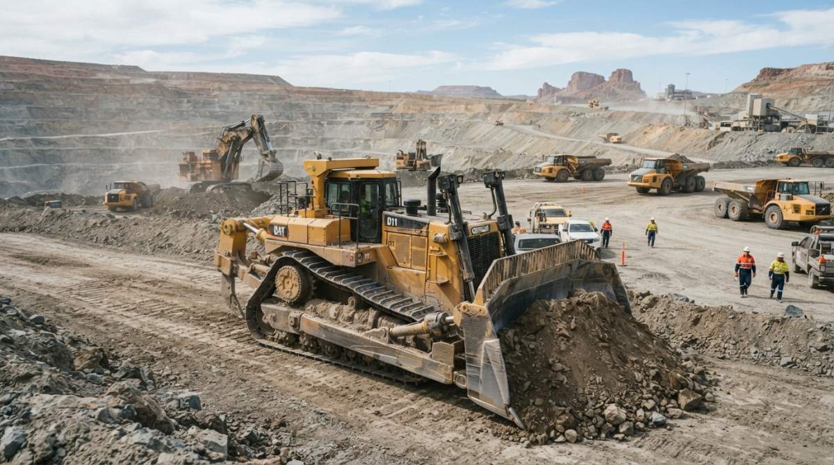 Large yellow Caterpillar D11 crawler dozer on active mining site with earthmoving equipment and operators visible in background during daylight operations