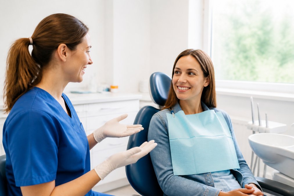 A dental hygienist in a bright, modern clinic explaining a treatment plan to a relaxed patient seated in a dental chair, soft natural light through the window