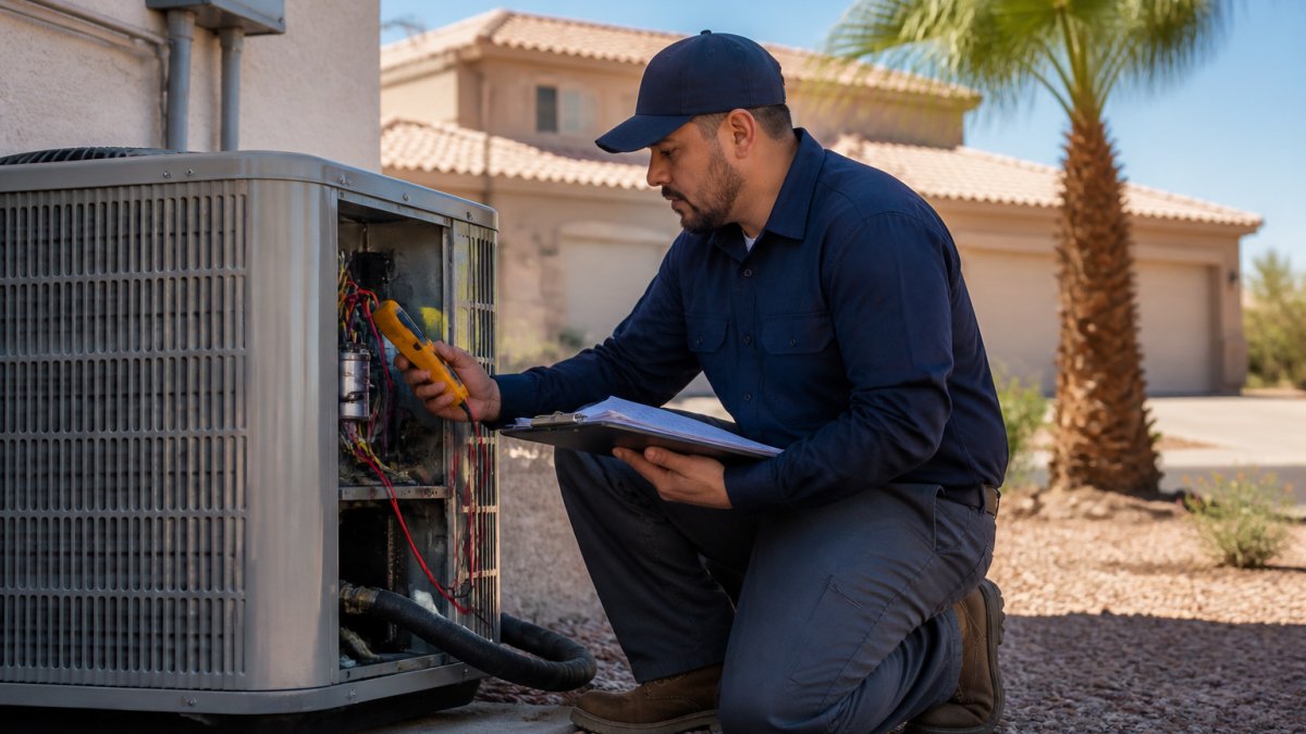 An HVAC technician in uniform kneeling beside an open outdoor AC condenser unit, holding a digital multimeter and clipboard, with a suburban desert home and palm tree in the background