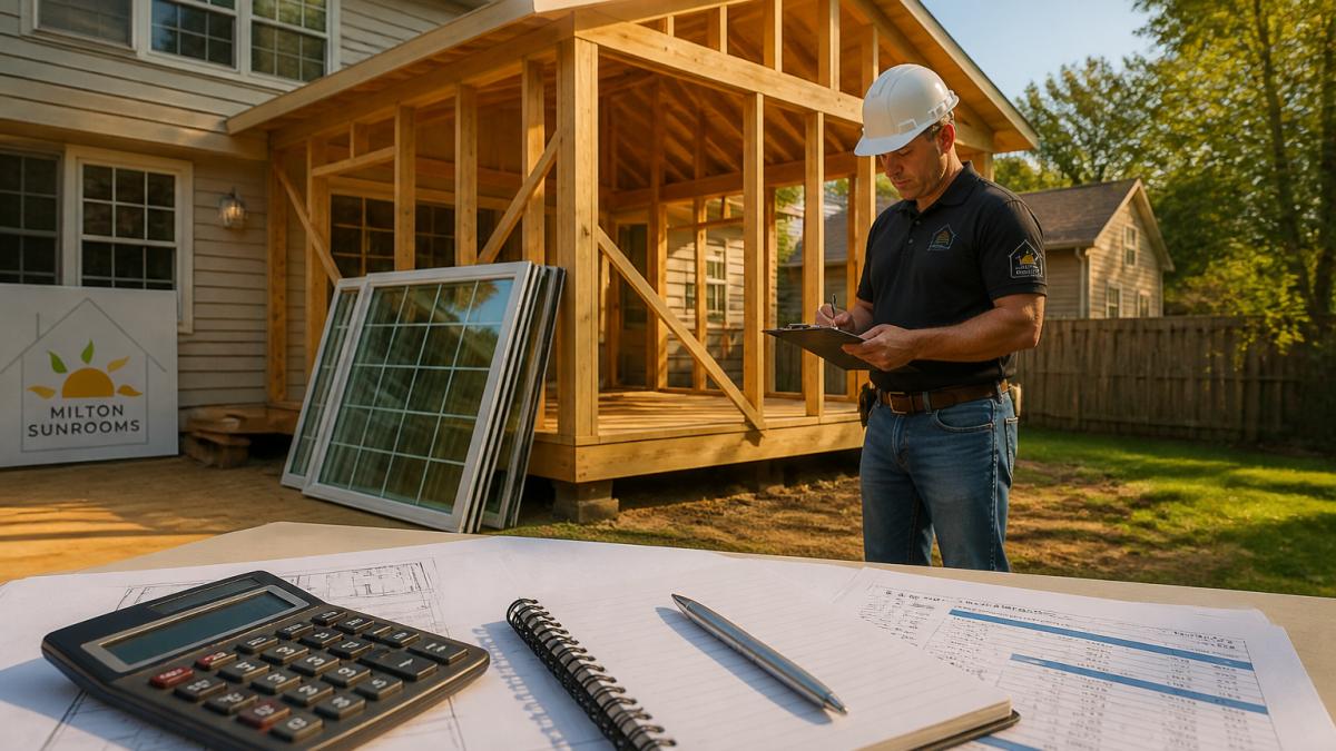 Contractor reviewing construction plans for a sunroom addition to estimate the total sunroom cost