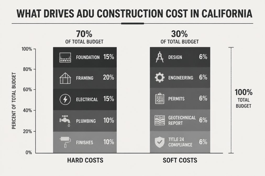 Bar chart showing that hard costs make up 70% and soft costs 30% of the total cost of adu construction in california.