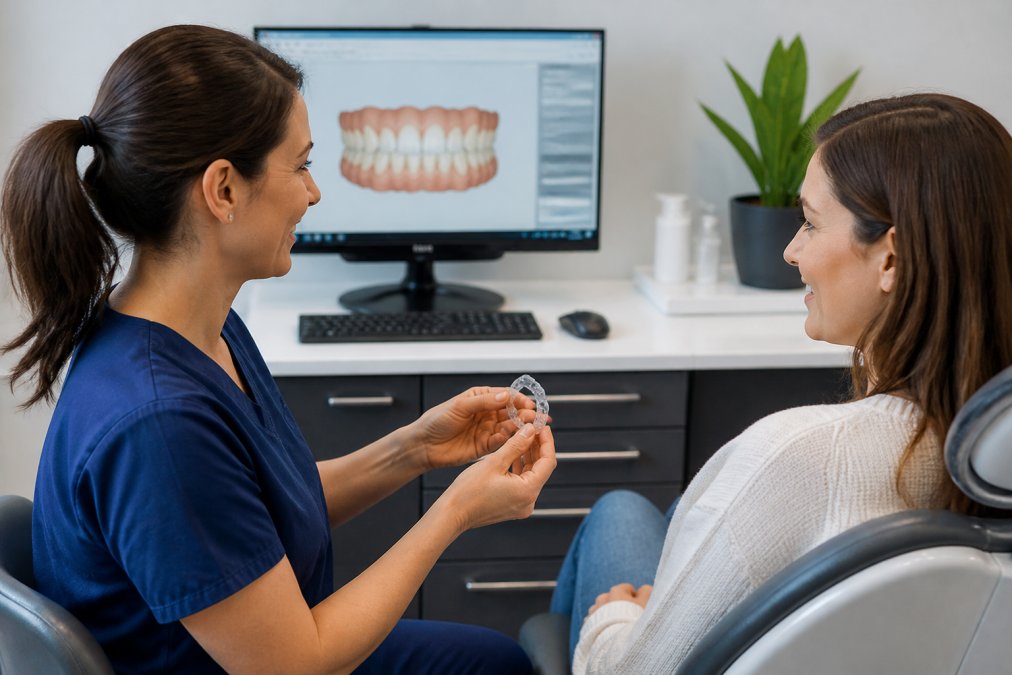 A dental professional in a bright modern clinic showing an adult patient a clear aligner tray and explaining treatment options, with a computer screen displaying a digital smile scan in the background