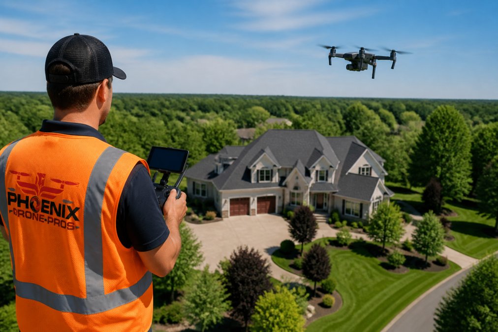 A drone pilot in a bright orange safety vest operating a professional-grade drone above a large residential property on a clear sunny day, with the home and landscaped yard visible below