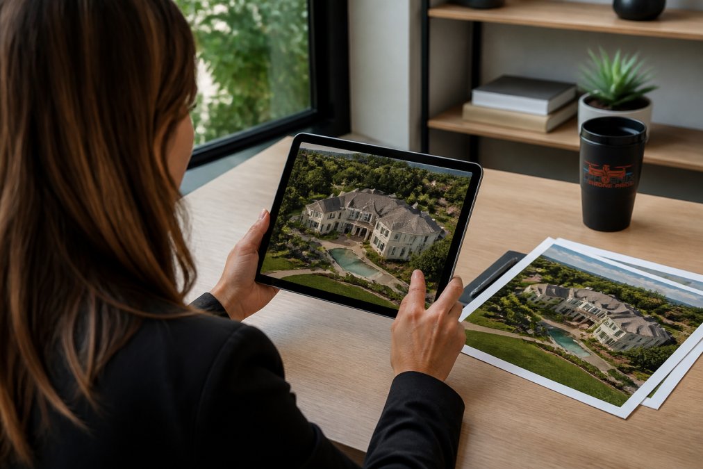 A real estate agent reviewing high-resolution aerial images of a luxury home on a tablet computer while sitting at a modern desk, with printed listing materials nearby