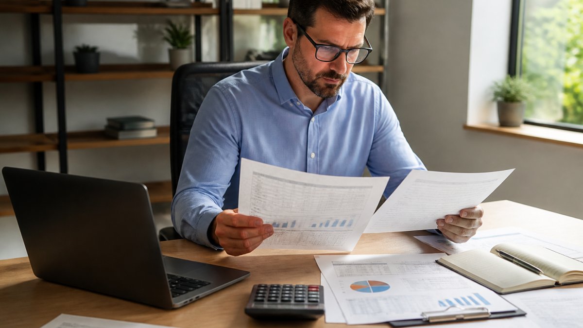 Business manager reviewing AI automation project documentation and budget spreadsheets at desk with laptop, calculator, and financial reports, natural office lighting