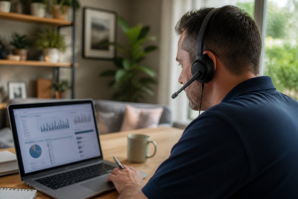 A small business owner in a home office reviewing a laptop screen with a headset on, looking at a dashboard showing call metrics and cost breakdowns