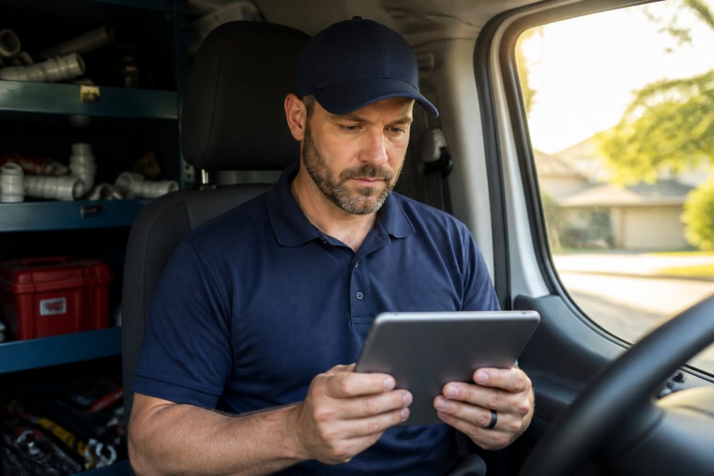 A plumbing contractor in a work uniform reviewing a tablet showing call logs and appointment schedules in a service van, afternoon sunlight through the windshield