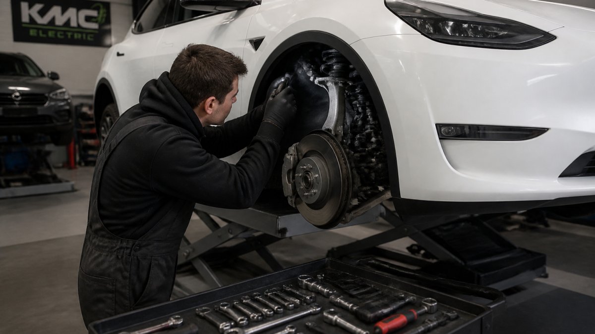 A technician in clean overalls inspecting the front suspension and wheel arch of a Tesla Model 3 raised on a ramp inside a tidy independent workshop, with tools laid out nearby