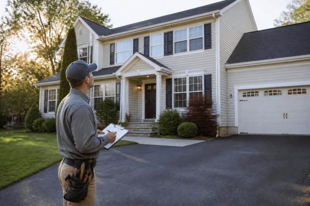 A homeowner in work clothes standing on a driveway inspecting the roofline of a two-story suburban colonial, clipboard in hand, late afternoon light