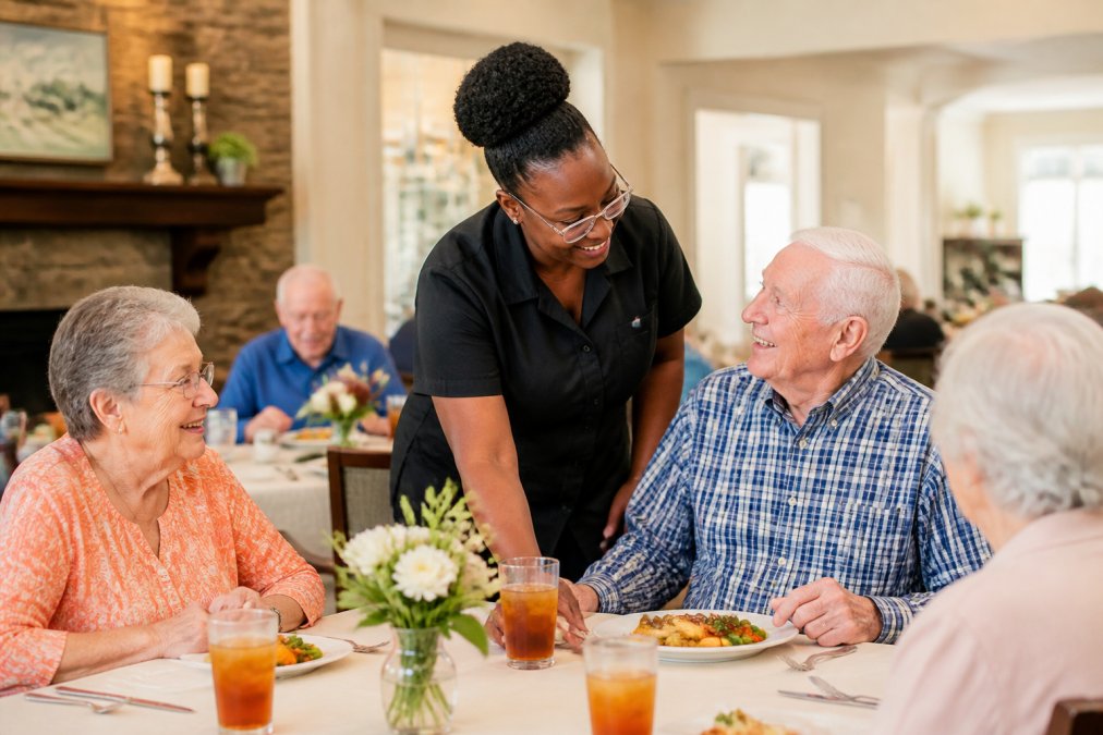 A senior resident enjoying a chef-prepared meal with a staff member in a bright, welcoming dining area with warm lighting and table companions