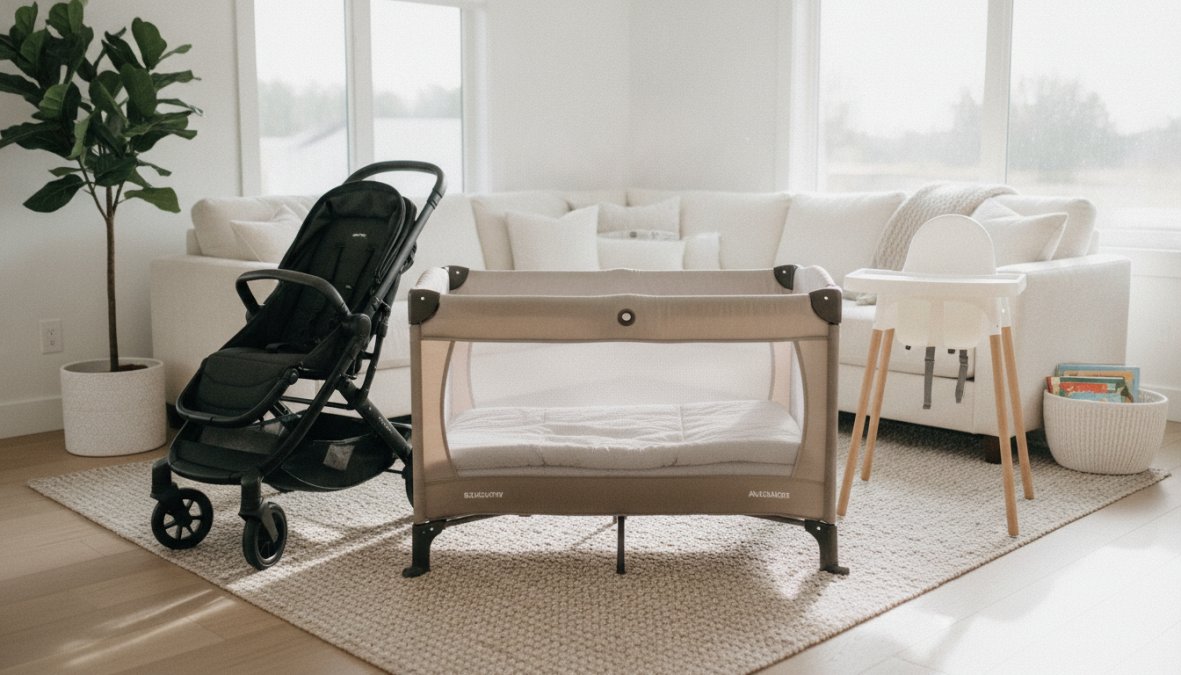 A neatly arranged collection of clean baby gear items including a portable crib, a stroller, and a high chair staged in a bright, modern vacation rental living room with large windows and warm afternoon light
