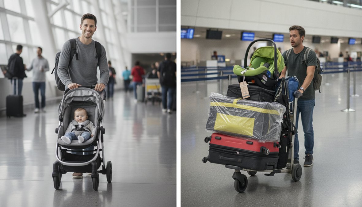 A parent standing at an airport check-in counter surrounded by a large stroller, an overstuffed duffle bag, and a car seat in a hard plastic case, looking overwhelmed under bright fluorescent terminal lighting