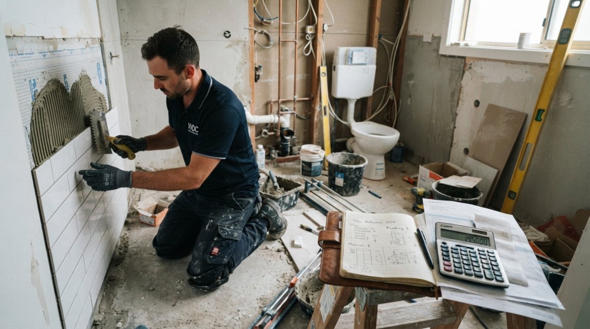 A Melbourne tradesperson in workwear kneeling to fit ceramic tiles in a partially renovated bathroom, with exposed plumbing pipes visible in the background under bright task lighting