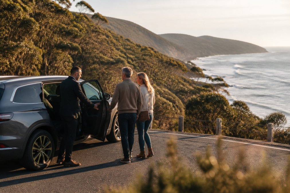 Private guide opening an SUV door for a couple on a scenic coastal road during bespoke Tasmania day trips