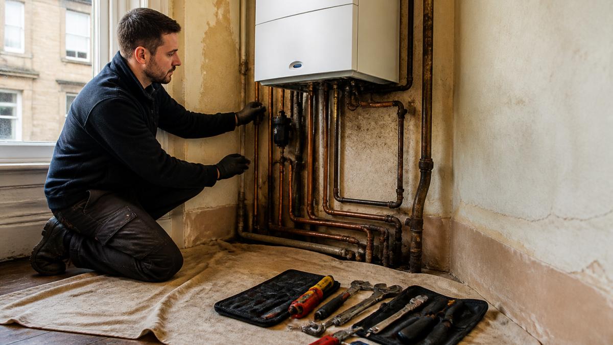 A Gas Safe registered heating engineer in a tenement flat inspecting old pipework next to a wall-mounted boiler, with tools laid out on a dust sheet