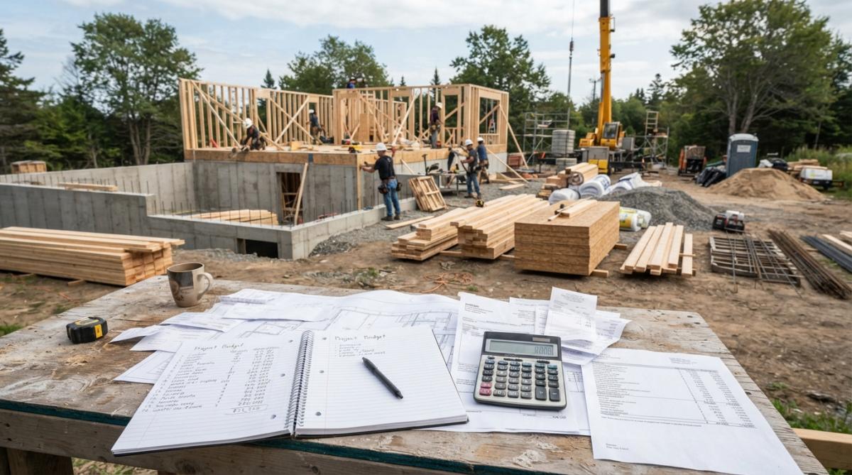 Active construction site showing framing, foundation work, and organized piles of building materials during daytime