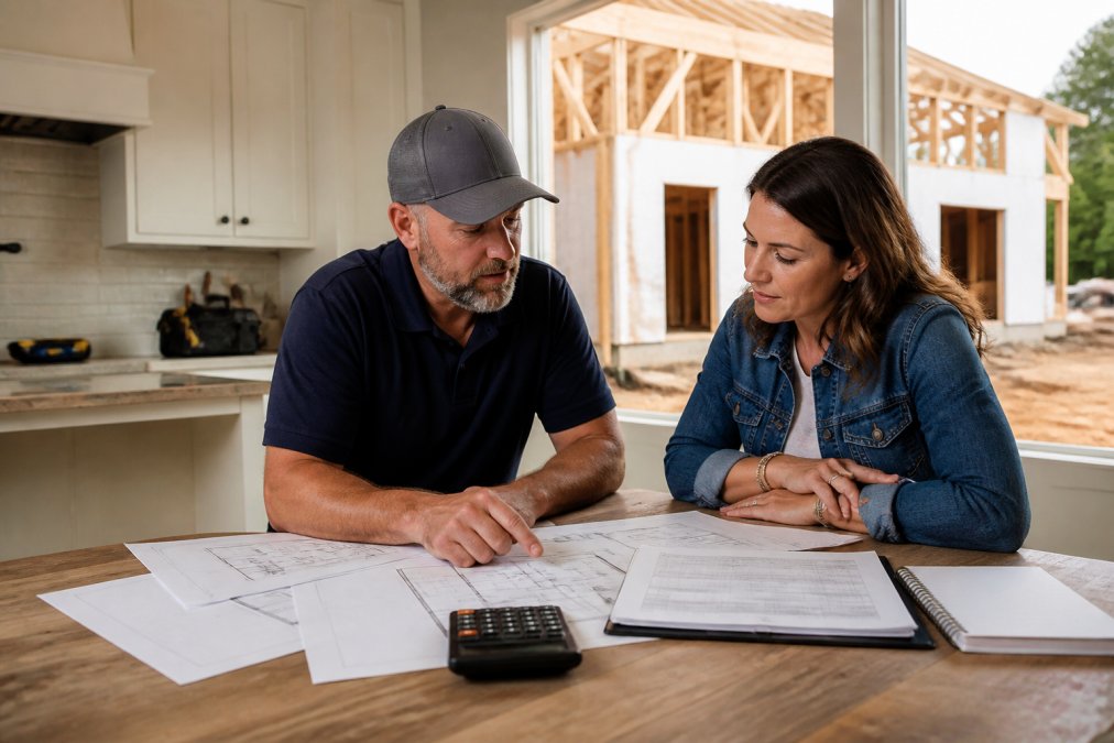 A general contractor and homeowner reviewing blueprints and a budget spreadsheet on a kitchen table, with a half-finished home visible through a window behind them