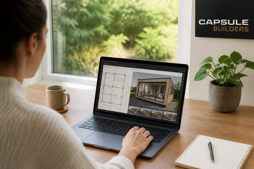 Person using a laptop to interact with a digital design interface showing floor plans and 3D renderings of a modular studio layout in a bright home office setting with natural light