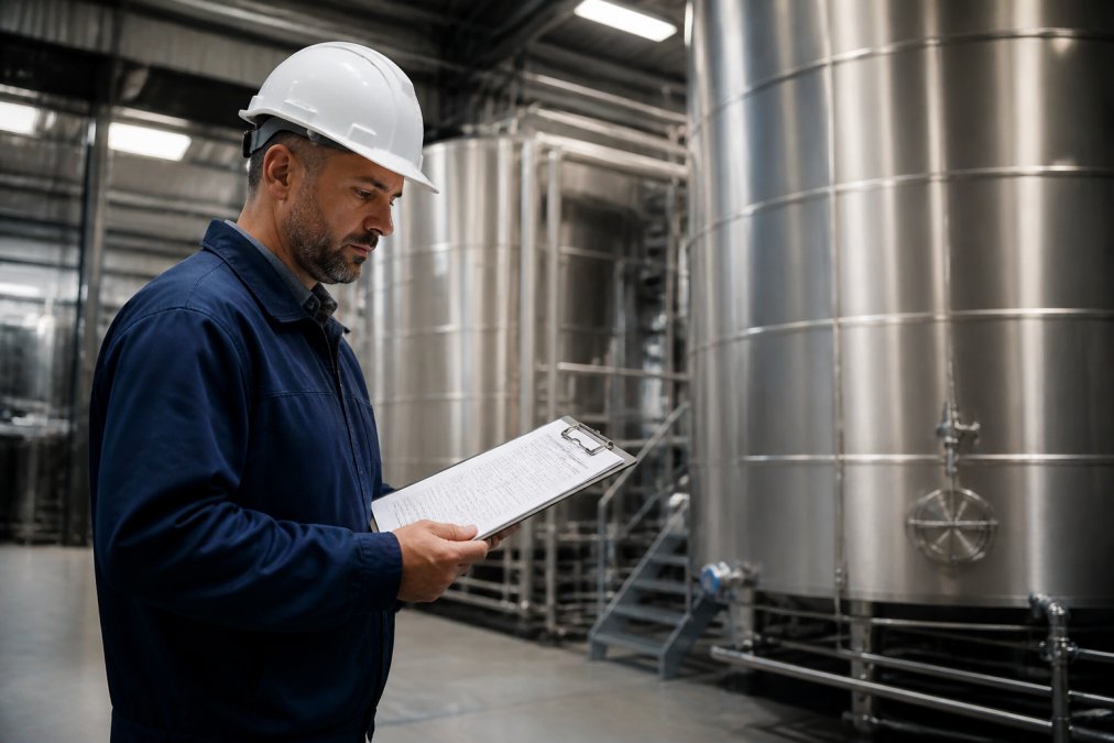 An operations manager in a hard hat reviewing a water quality report on a clipboard inside a manufacturing facility, with large stainless steel water storage tanks visible in the background