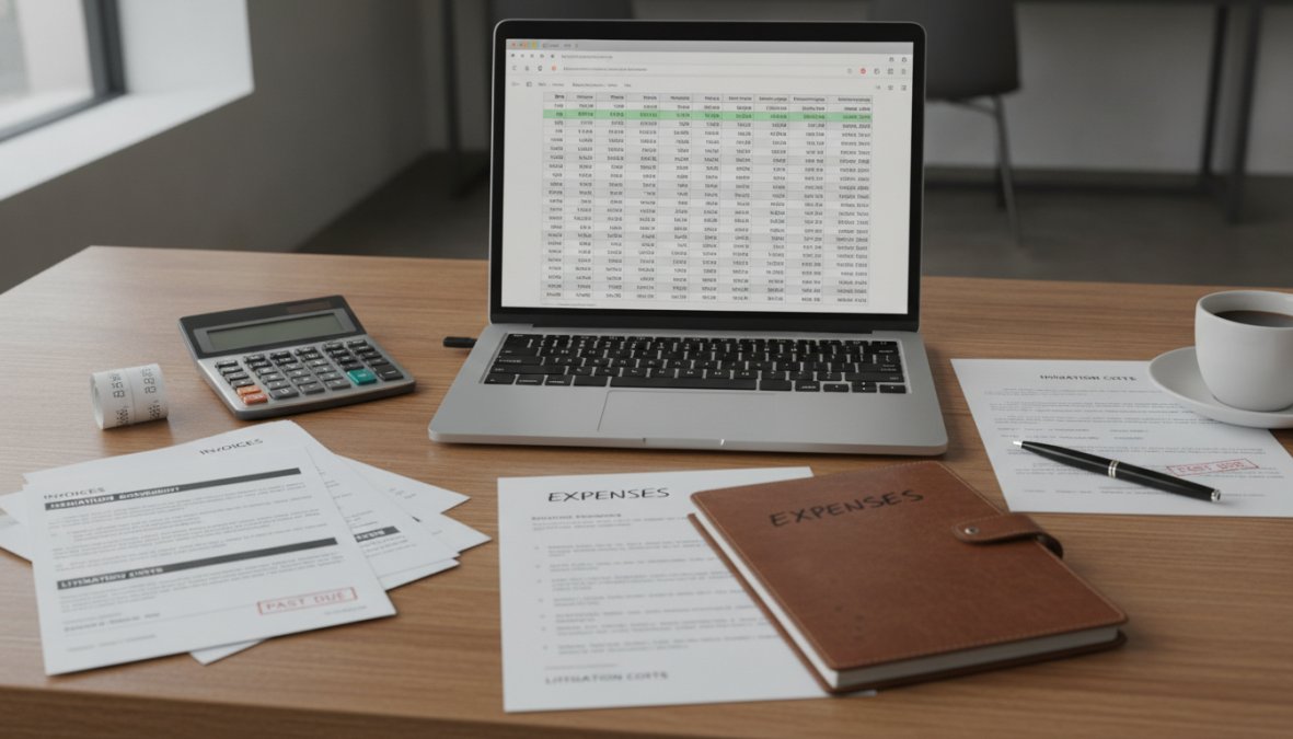 Business owner and attorney reviewing legal documents, financial statements, and spreadsheets at a desk with calculator and laptop in a professional office setting