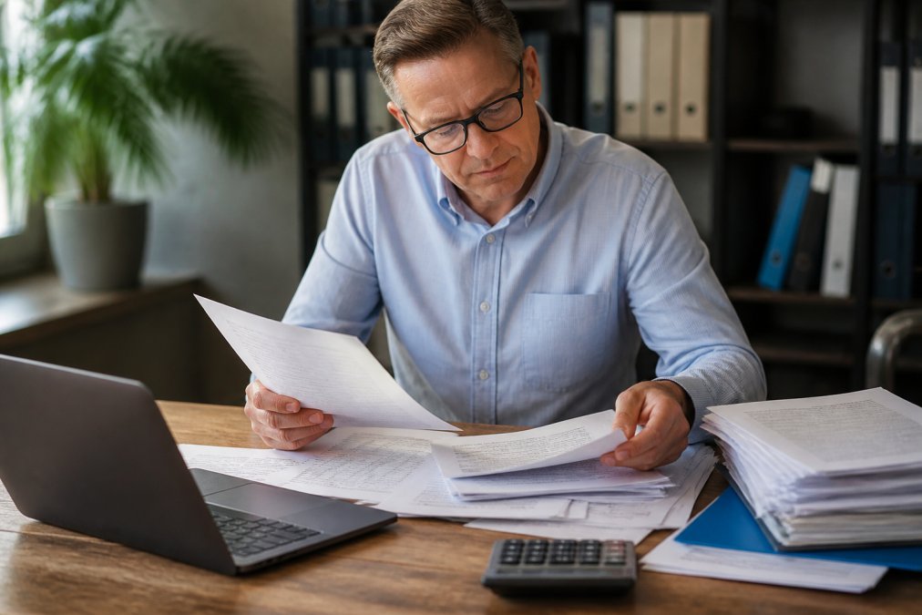 Business owner reviewing organized financial documents and statements at a desk with a laptop and calculator nearby, natural office lighting