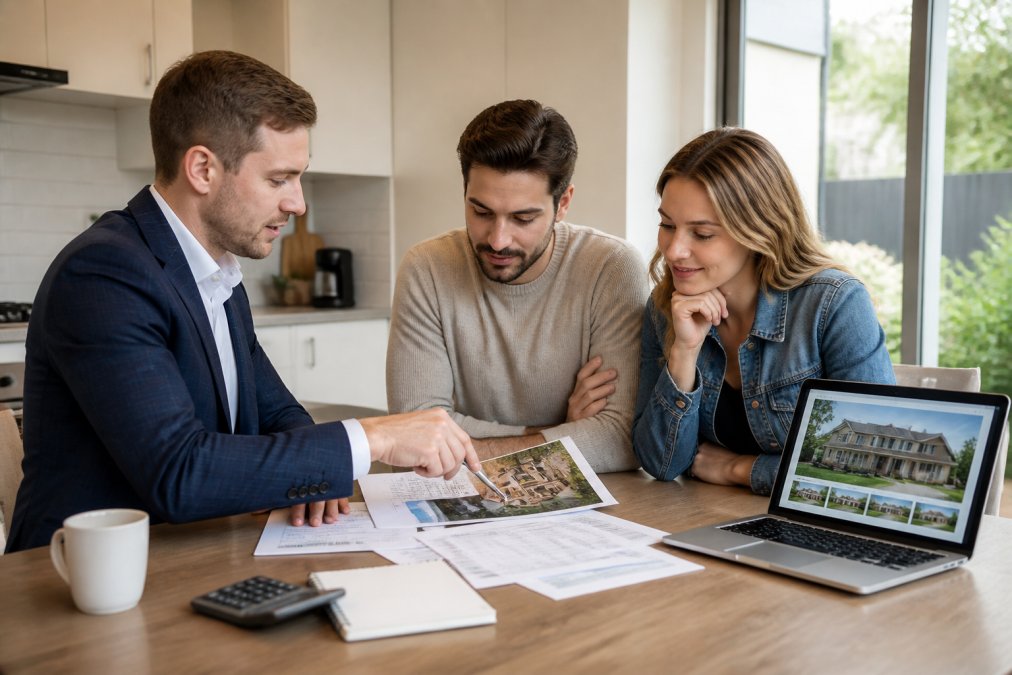 A buyer's agent in a smart-casual suit sitting with a young couple at a bright kitchen table, pointing at a printed property report and a laptop showing a property listing