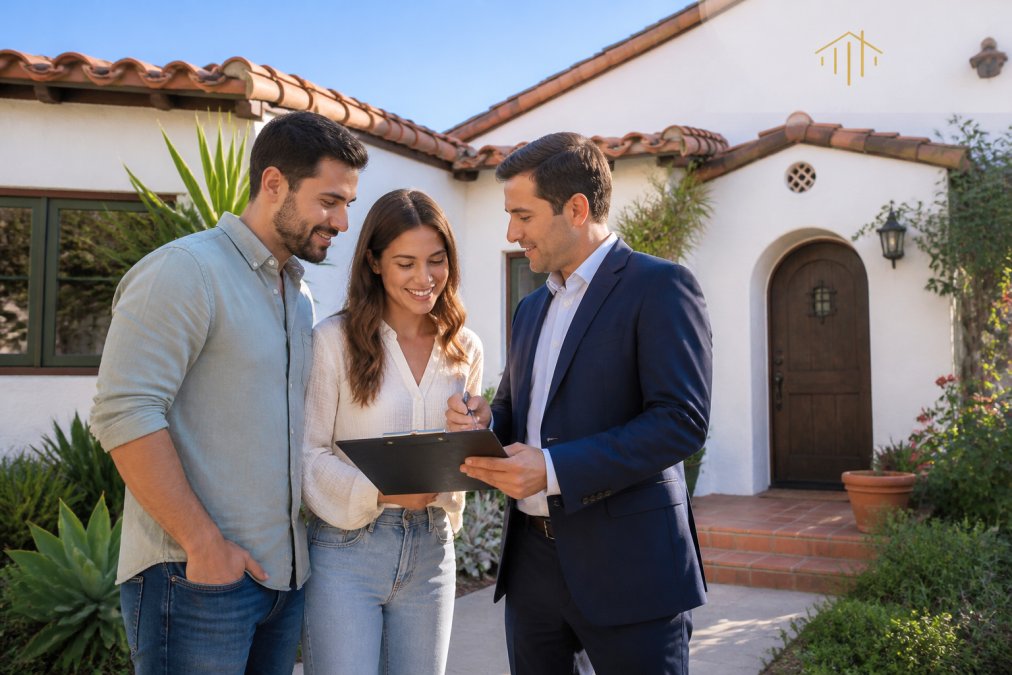 A young couple standing in front of a charming Spanish-style single-family home with a real estate agent, reviewing documents on a clipboard under a clear California sky