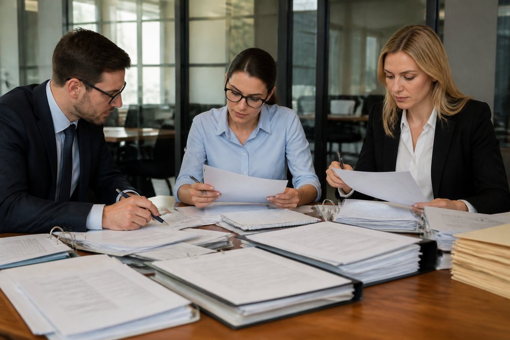 Professional team conducting business inspection, reviewing files and records in modern office setting with notebooks, clipboards, and financial documents spread across conference table