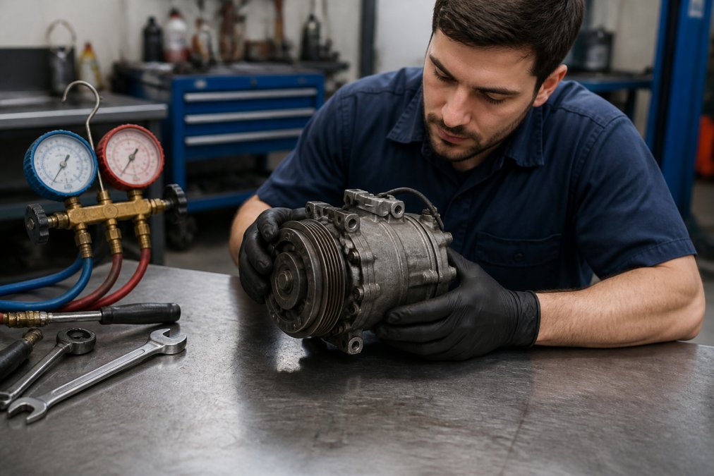 Technician inspecting a removed part during a car ac compressor replacement in an auto repair shop