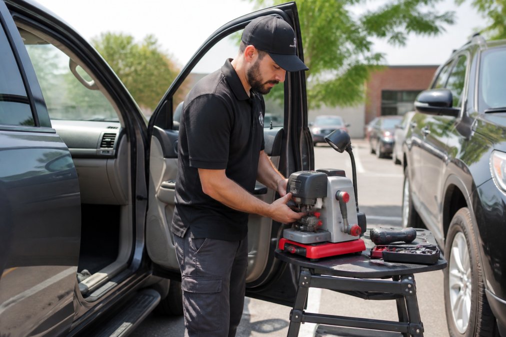 A mobile locksmith technician cutting a car key at a customer's vehicle in a sunny parking lot, with a portable key cutting machine on a folding workbench beside the open car door
