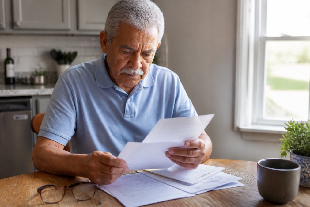 An older adult patient reviewing a medical bill and insurance paperwork at a kitchen table with reading glasses nearby, warm natural light through a window