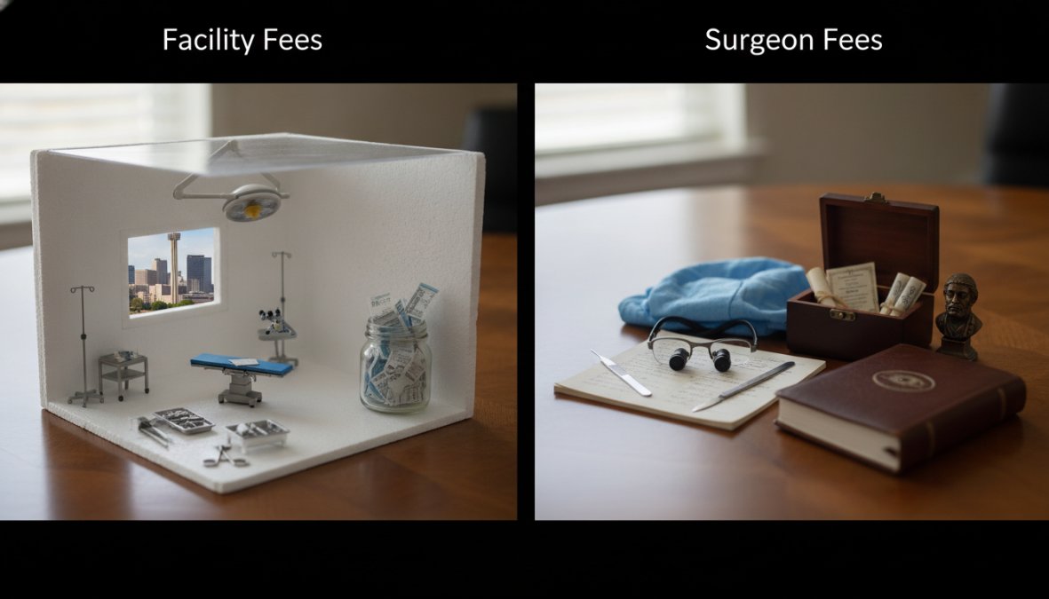 Close-up of an ophthalmologist in blue surgical attire using a slit-lamp microscope to examine a patient's eye under focused white light in a clean modern surgical center