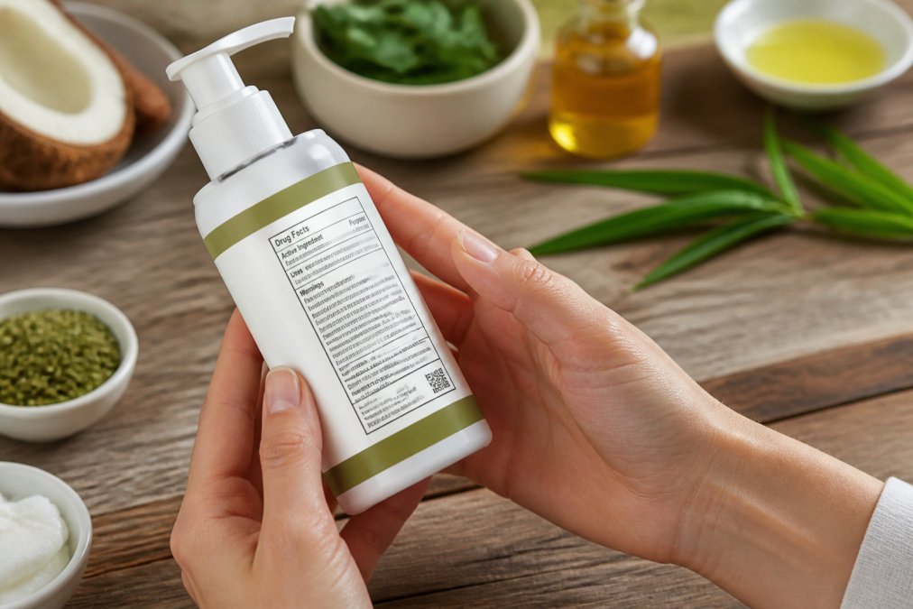 Close-up of hands holding a CBD lotion bottle with label visible, showing certificate of analysis and third-party testing information on a wooden table with organic ingredients nearby