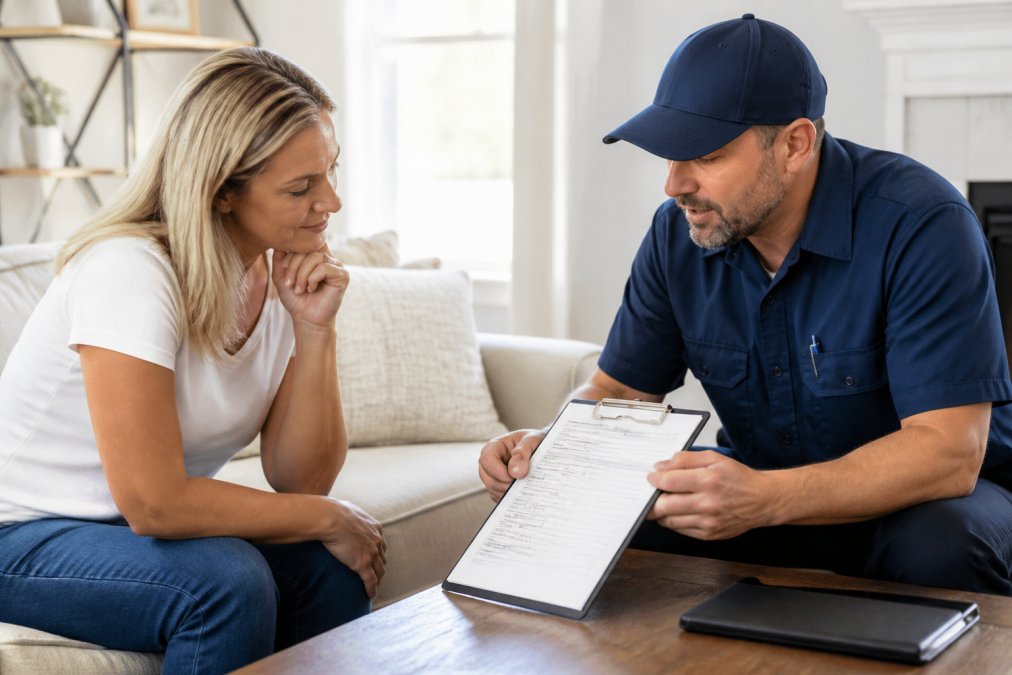 HVAC technician discussing central air installation costs with a homeowner in a bright living room