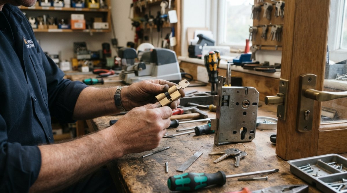 A locksmith's hands holding a euro cylinder lock barrel next to a mortice lock and night latch on a wooden workbench, with screwdrivers, a door handle and a set of keys nearby in a workshop setting