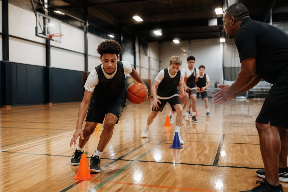 Young athletes in practice gear running drills on a bright indoor basketball court while a coach in polo shirt observes and provides feedback from the sideline