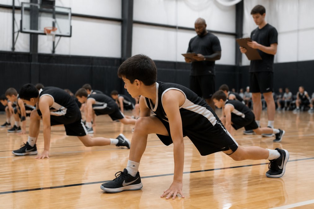 Youth basketball players warming up with dynamic stretches on a wooden court before tryouts begin, with coaching staff in the background reviewing evaluation clipboards