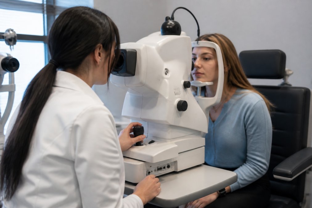 Optometrist performing comprehensive eye examination on patient using advanced retinal imaging equipment in modern clinical setting with soft overhead lighting